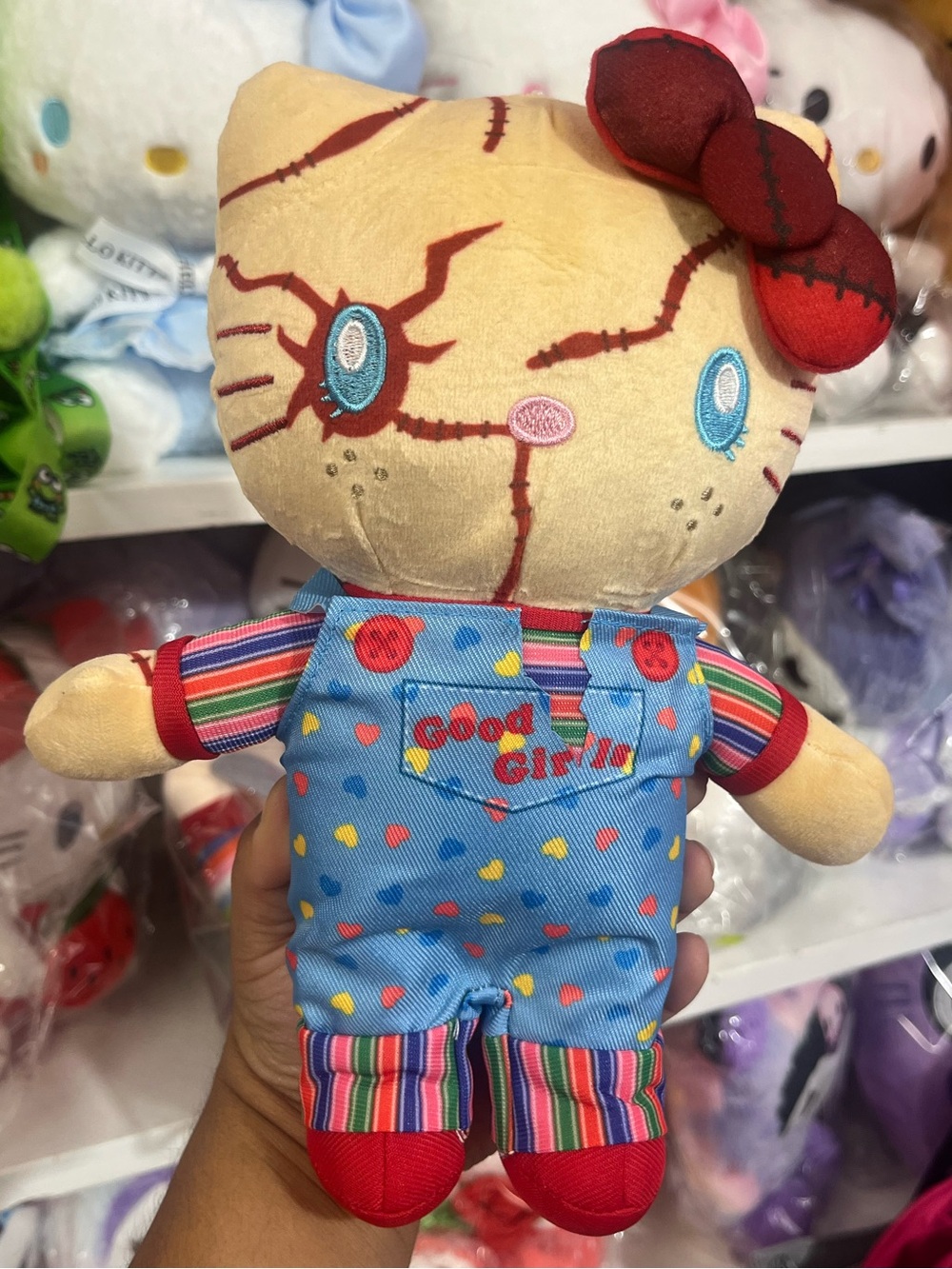 Chucky hello kitty Plush Doll - Blue Overalls with Red Bow